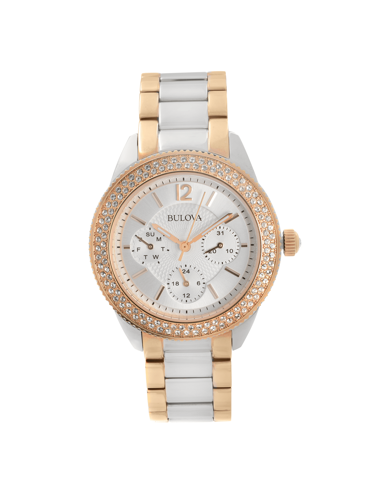 Women'S Crystal Accented Bezel Silver Dial Two Tone Rose Gold Steel 98N100 Watch