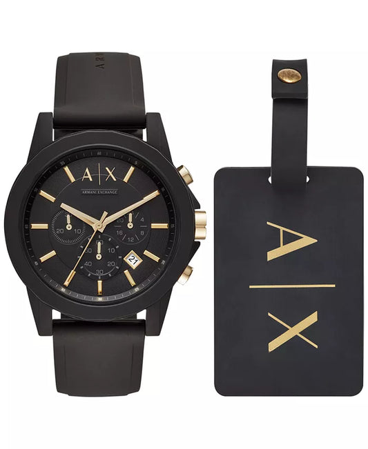 Men'S Chronograph Black Silicone Strap Watch 45Mm Gift Set