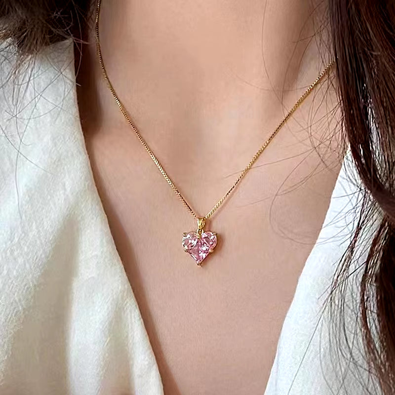 Pink Heart Pendant Necklace for Women Lovers Rhinestione Clavicle Chain Chocker Female Cute Crystal Moonstone Jewlery Gifts