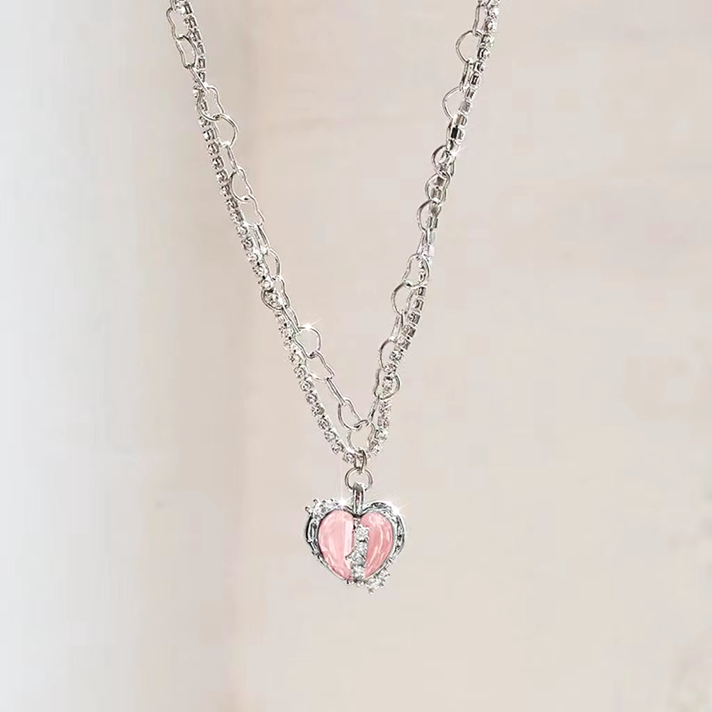 Pink Heart Pendant Necklace for Women Lovers Rhinestione Clavicle Chain Chocker Female Cute Crystal Moonstone Jewlery Gifts