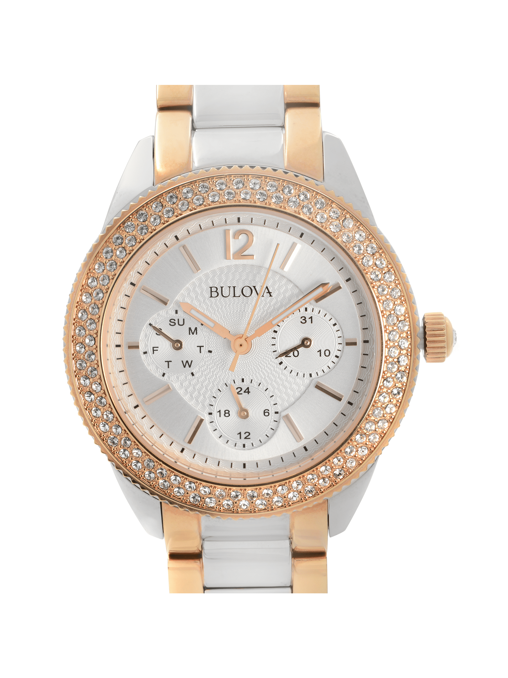 Women'S Crystal Accented Bezel Silver Dial Two Tone Rose Gold Steel 98N100 Watch