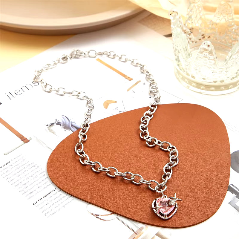 Pink Heart Pendant Necklace for Women Lovers Rhinestione Clavicle Chain Chocker Female Cute Crystal Moonstone Jewlery Gifts